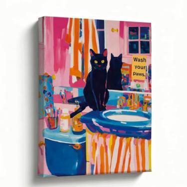 Imagem de Arte de parede engraçada para banheiro, 20 x 25 cm, impressão em tela de gato preto no banheiro, lave suas patas, decoração de gato para banheiro de hóspedes, lavanderia, arte de parede colorida