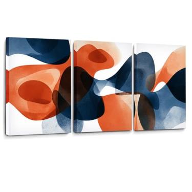 Imagem de Conjunto de 3 arte de parede abstrata, impressões em tela modernas de meados do século | Decoração geométrica laranja queimada e azul marinho | Arte minimalista em tríptico para sala de estar, quarto