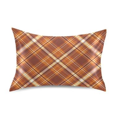 Imagem de Fronhas legais listras xadrez marrom laranja padrão Queen King fronhas cetim refrescante cama extra macio gráfico tamanho king size 101,6 cm x 50,8 cm