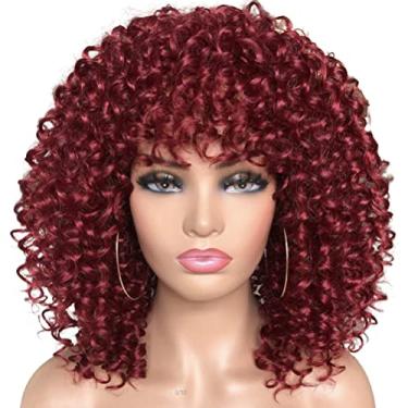 Imagem de Dioche Perucas Afro Curtas Encaracoladas para Mulheres Negras Peruca Macia Com Franja Sem Derramamento de Calor Cabelo Sintético Cosplay Festa Uso Diário (WINE RED)