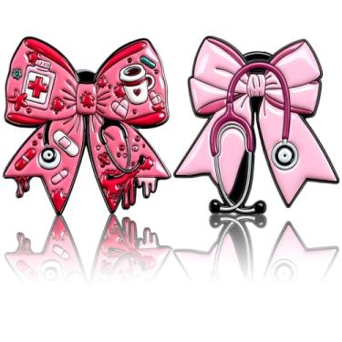 Imagem de PLwelth 2 peças de alfinetes de esmalte de enfermeira com laço fofo broche médico para mulheres e homens, crachá engraçado de lapela de estetoscópio para roupas, mochila, bolsas, chapéus, cordão
