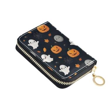 Imagem de Carteira feminina de couro com bloqueio de RFID, porta-moedas pequena, com zíper, fantasmas fofos, abóboras, Dia das Bruxas