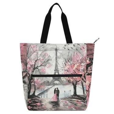 Imagem de GAIGEO Bolsa feminina Paris Eiffel Cherry Blossom para trabalho, bolsa de lona, bolsa carteiro universitária com compartimentos