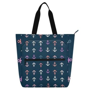 Imagem de GAIGEO Sacola de trabalho listrada com ícones de âncora colorida para mulheres bolsa de lona para livros de praia com zíper para uso diário para amantes de livros