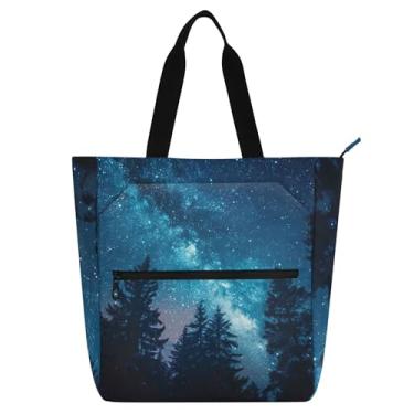 Imagem de GAIGEO Sacola feminina com céu noturno estrelado floresta para trabalho, lona, praia, livros, bolsa com zíper, bolsas de viagem com compartimentos