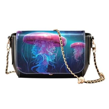 Imagem de Bolsas transversais femininas com ornamentos e folhas de Natal, bolsas de ombro de couro para mulheres, bolsas transversais, Água-viva azul no oceano com luzes neon - 4, One Size