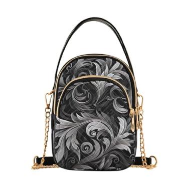 Imagem de Abóboras e folhas em bolsa de ombro preta com zíper, transversal feminina, bolsa transversal para mulheres, Floral preto e branco com folhas e redemoinhos-1, One Size