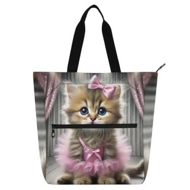 Imagem de GAIGEO Sweet Elegant Kitten Ballerina Book Tote Bag para crianças, mulheres, trabalho, escola, viagem, bolsa com zíper com estampa de animal fofo