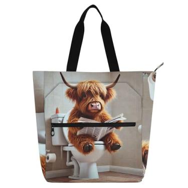 Imagem de GAIGEO Bolsa feminina engraçada de vaca Highland para trabalho de bezerro para mulheres bolsa escolar de lona para livros para uso diário para amantes de livros