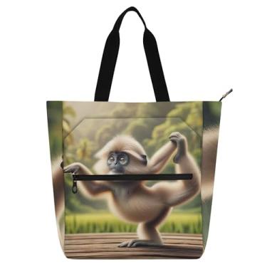Imagem de Bolsa feminina Gibbon Monkey Yoga Animal Bolsa de trabalho de lona com zíper para professores e presente para amantes de livros