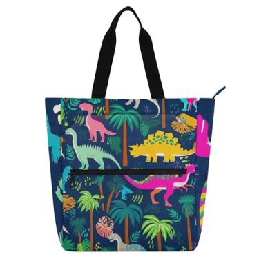 Imagem de GAIGEO Bolsa de ombro colorida de dinossauros com plantas tropicais com zíper, reutilizável, escola, trabalho, bolsa de ombro para meninas e meninos