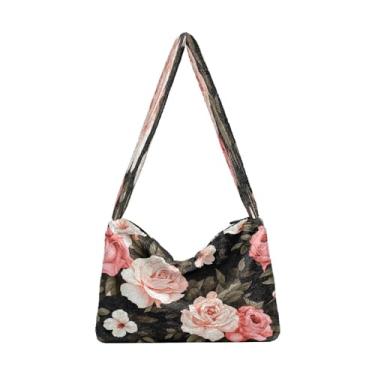 Imagem de Floral com flores rosa em bolsas de ombro pretas, bolsa de ombro feminina, bolsas de outono, Aquarela floral com rosas - 2, One Size