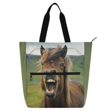 Imagem de Bolsa feminina engraçada com cavalo sorrindo, bolsa de trabalho de lona, bolsa escolar universitária, bolsas para uso diário, presente para amantes de livros