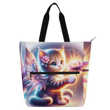 Imagem de GAIGEO Linda bolsa de trabalho floral de gato para mulheres, bolsa escolar de lona com zíper, bolsa de professor com compartimentos