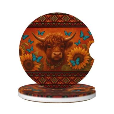 Imagem de FeHuew 2 peças vintage bezerro highland girassóis cerâmica porta-copos de carro universal antiderrapante absorvente dedo entalhe conjuntos para bebidas decoração de automóveis