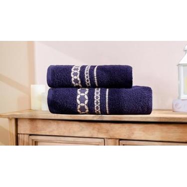 Imagem de kit 2 Toalha de Banho Banhão Romance Jacquard Algodão 100%, 80x150cm, Alta Absorção, Pré-Lavada, Pré-Encolhida (AZUL MARINHO)