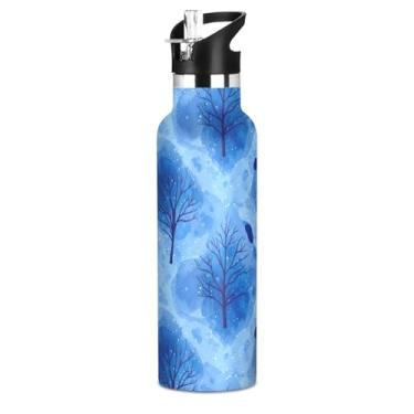 Imagem de Joisal Garrafas de água em aquarela azul celeste noturno para meninos e adolescentes, garrafa de água isolada sem BPA, copos infantis de aço inoxidável com tampa de canudo para bebidas quentes ou