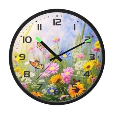 Imagem de SEHANY Herb Wildflower Relógio de parede silencioso sem tique-taque relógio redondo operado por bateria 30 cm controle de som luz noturna relógios de parede para sala de estar, cozinha, quarto