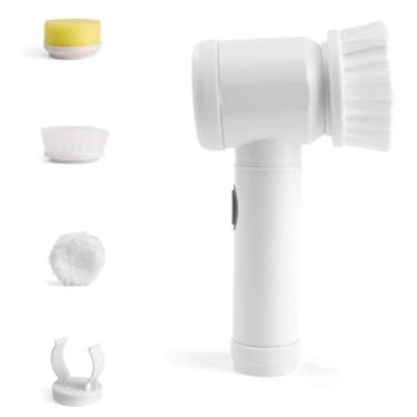Imagem de Escova Giratória Elétrica de Limpeza Multiuso Recarregável USB | 3 Escovas Intercambiáveis | Portátil, Sem Fio, Silenciosa | Ideal para Banheiro, Cozinha, Piso, Azulejo, Sapatos e Utensílios – Branca