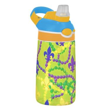 Imagem de Garrafa de água esportiva infantil verde amarela Mardi Gras para escola, garrafa de água Tritan de 473 ml com canudo, copo portátil para crianças, reutilizável, alça de transporte