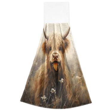 Imagem de Joitme Toalhas de mão de cozinha com laço para pendurar Highland Cow bege forno toalha de gravata conjunto de 2, toalha decorativa de cozinha macia e absorvente, 46 x 35 centímetros