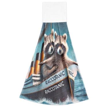 Imagem de Joisal Toalhas de mão para pendurar no outono, lindas toalhas de forno com estampa de guaxinim Titanic, conjunto de 2, toalha de cozinha decorativa macia absorvente, 46 x 35 cm