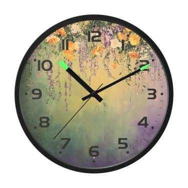 Imagem de SEHANY Relógio de parede vintage com flores de videira silencioso, sem tique-taque, relógio redondo operado por bateria, controle de som, luz noturna, relógios de parede para sala de estar, cozinha