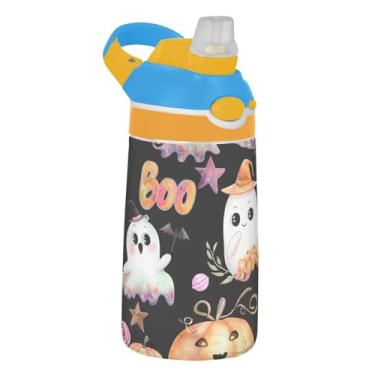 Imagem de Garrafa de água infantil fantasma de desenho animado fofo aquarela com canudo 473 ml 473 ml Garrafa de água de plástico Tritan à prova de vazamento, copos de viagem para crianças, reutilizáveis, alça