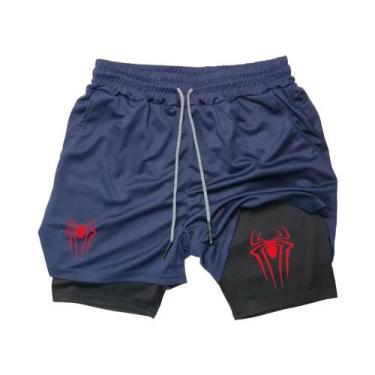 Imagem de Shorts Esportivos Masculinos Com Estampa De Aranha, Compressão 2 Em 1,