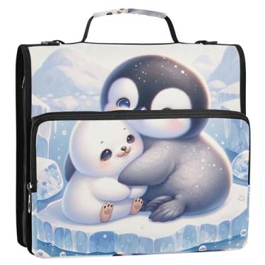Imagem de Organizador de fichário com zíper para pintinho pinguim com selo fofo de 3 cm 3 anéis, bolsa resistente para fichários escolares para estudantes com alça de ombro, pasta de armazenamento com alça de