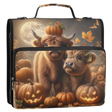 Imagem de Fichários grandes de 3,8 cm com 3 anéis, fofa, vaca Highland, Halloween, fichário, organizador com zíper, pasta de armazenamento com alça de ombro para escola
