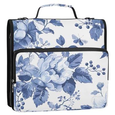 Imagem de Organizador de fichário com zíper, azul, branco, floral, 3 cm, 3 anéis, bolsa grande para fichário escolar resistente com alça de ombro, vários bolsos, pasta grande para portfólio