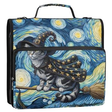 Imagem de Fichário de bruxa gato noite estrelada 3,8 cm 3 argolas anel D fichário organizador de fichário com zíper com alça bolsa escolar de tecido para portfólio de 500 folhas