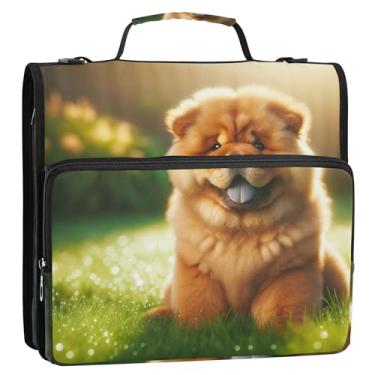 Imagem de Filhote de cachorro fofo Chow Chow Dog organizador de fichário com zíper 3 anéis de 3 anéis, bolsa resistente com alça para escola, vários bolsos, pasta grande para portfólio