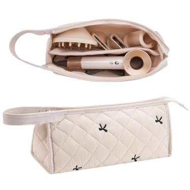 Imagem de Estojo de viagem acolchoado, bolsa de armazenamento floral de algodão para secador de cabelo e acessórios, organizador portátil bonito com alça (bege)