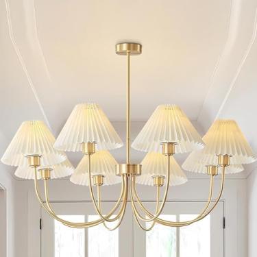 Imagem de KCO Lustre Sputnik de latão escovado lustre de metal dourado com cortinas de tecido plissado branco 8 luzes lustre de teto luminária lustre moderno de meados do século