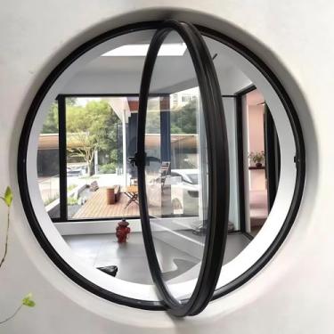 Imagem de Janela giratória redonda moderna, vigia de vidro temperado com pivô de 360°, moldura de alumínio preto com alça, para cozinha, quarto, sala de estar (60 cm/23,6 pol.)