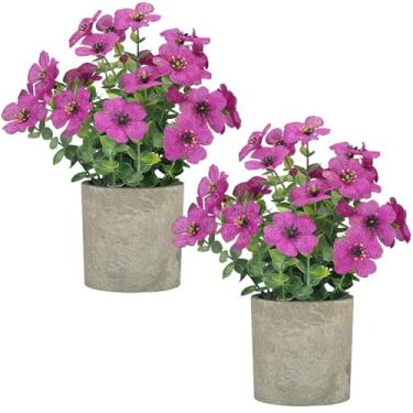 Imagem de Pacote com 2 plantas falsas pequenas, vasos de plantas artificiais, flores artificiais em vaso margarida com folhas de eucalipto, para decoração de casa, escritório, casa de fazenda, mesa interna