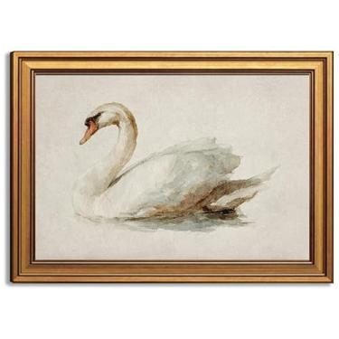 Imagem de Arte de parede em tela com moldura dourada vintage pintura de cisne em aquarela nelegante clássico cisne decoração de parede para sala de estar quarto escritório país decoração de banheiro 30,5 x 40,6