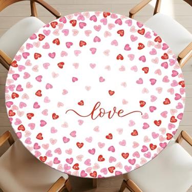 Imagem de Casuru Toalha de mesa redonda com elástico rosa Ture Love Heart toalha de mesa redonda à prova d'água para decoração de dia dos namorados para festa de aniversário de 112 a 122 cm (rosa, vermelho, 122