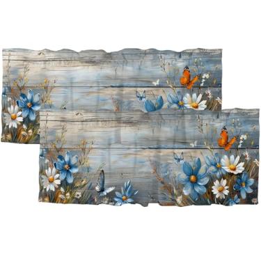 Imagem de Dabuniu Cortina de janela com isolamento térmico floral azul sanefa rústica tábua de madeira flor borboleta cortinas de topo curto para cozinha, janelas, banheiro, quarto, sala de estar, 137 x 45 cm