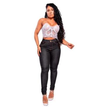 Imagem de Calça Jeans Feminina, Cor Preta Lisa, Modelo Skinny Sem Lavagem, Cintu