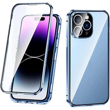 Imagem de CYSUE Capa magnética para iPhone 14 Pro Max, capa de telefone de vidro temperado dupla face com protetor de câmera e trava de segurança, capa protetora completa 360 para iPhone 14 Pro Max 2022 (Cor: Azul1)