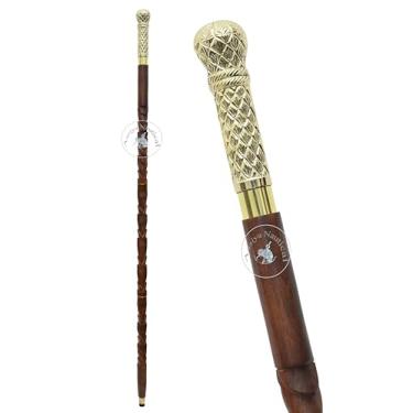 Imagem de Aasiya Nautical Bengala de caminhada com cabo de latão – bastão de madeira marrom com artesanato vintage | Bengala de caminhada de latão resistente e elegante para homens e mulheres
