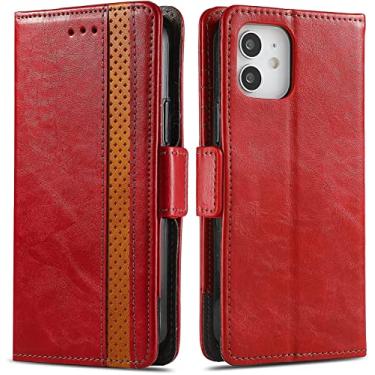 Imagem de KANUZ Capa para iPhone 13 Pro Max/13 Pro/13/13 Mini, capa protetora magnética de couro PU com suporte de visualização de slot para cartão de bloqueio RFID TPU à prova de choque (Cor: vermelho, Tamanho: 13pro max 6,7 polegadas)