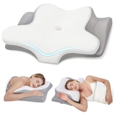 Imagem de Travesseiro cervical de pescoço, travesseiros de espuma viscoelástica para alívio da dor no pescoço e ombro, travesseiro ergonômico de 2 alturas com capa de seda gelada respirável, travesseiro de