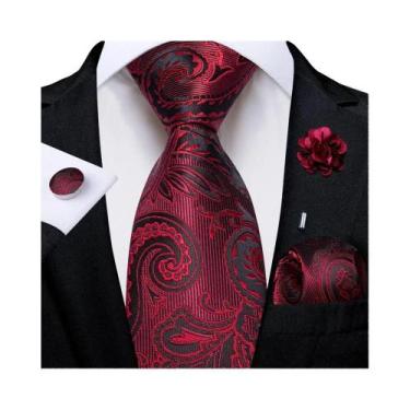 Imagem de Gravata Masculina Floral Paisley Rosa Com Lenço De Bolso, Abotoaduras 