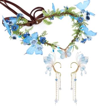 Imagem de MOSTORY Conjunto de acessórios de fada borboleta – Kit de punhos de orelhas de elfo e coroa de elfo de flor da floresta para mulheres, fantasia renascentista, cosplay, Azul, adjustable
