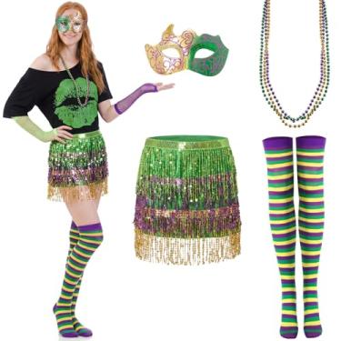 Imagem de Syhood Conjunto de 6 peças de fantasia de carnaval, saia tutu com franjas de lantejoulas, meia máscara com padrão de penas sintéticas, colar e meias longas (Mistério, médio)