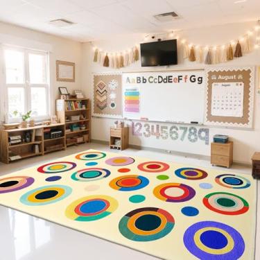 Imagem de AQQA Tapete infantil divertido para área educacional, 1,8 x 2,7 m, estampa de manchas coloridas, tapetes laváveis para sala de aula, antiderrapante, fino, lã sintética, tapetes grandes para quarto de